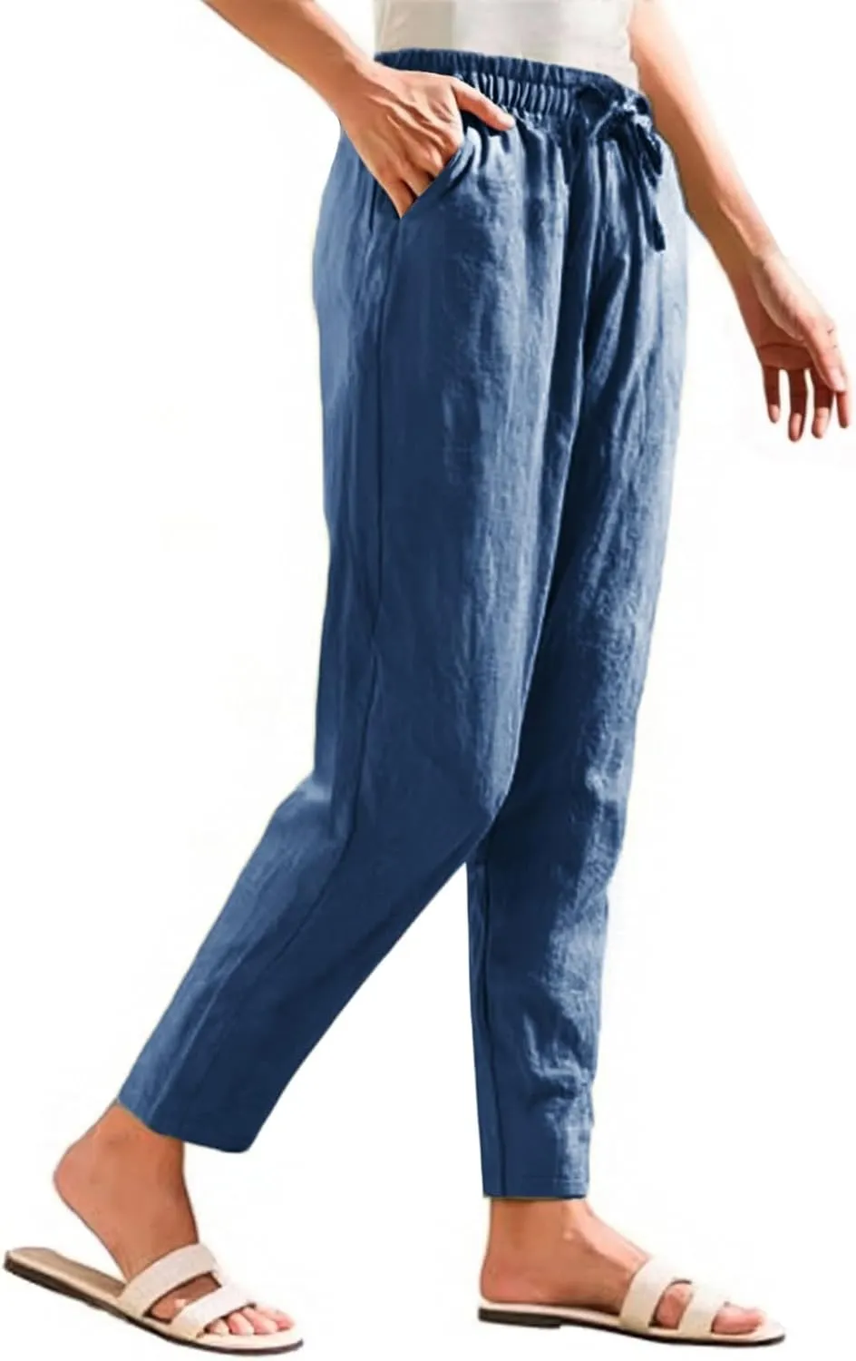 Linen Pants Women Wide Leg Palazzo Pants Lounge Pants with Pockets Drawstring High Elastic Waisted