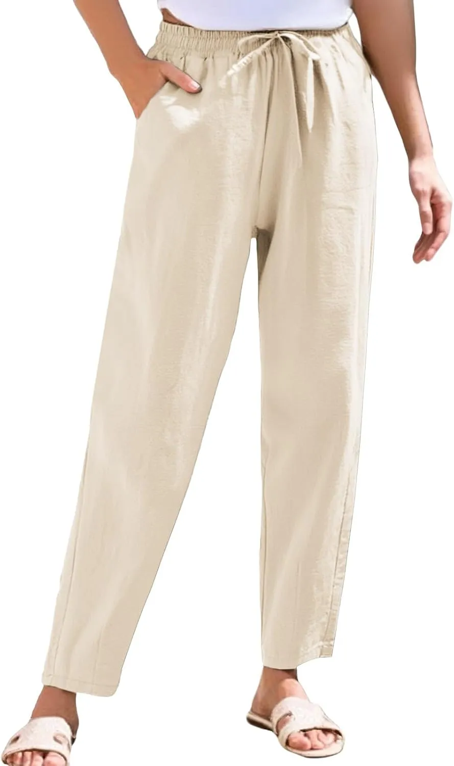 Linen Pants Women Wide Leg Palazzo Pants Lounge Pants with Pockets Drawstring High Elastic Waisted