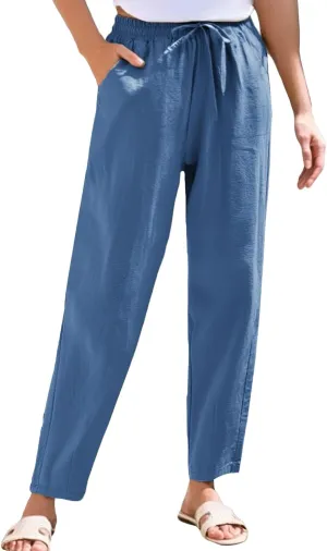 Linen Pants Women Wide Leg Palazzo Pants Lounge Pants with Pockets Drawstring High Elastic Waisted