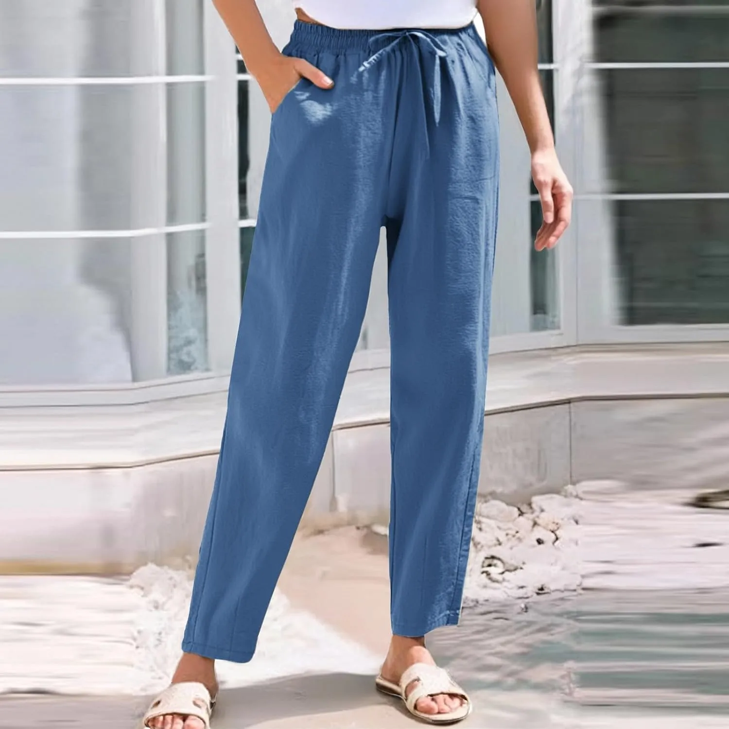 Linen Pants Women Wide Leg Palazzo Pants Lounge Pants with Pockets Drawstring High Elastic Waisted