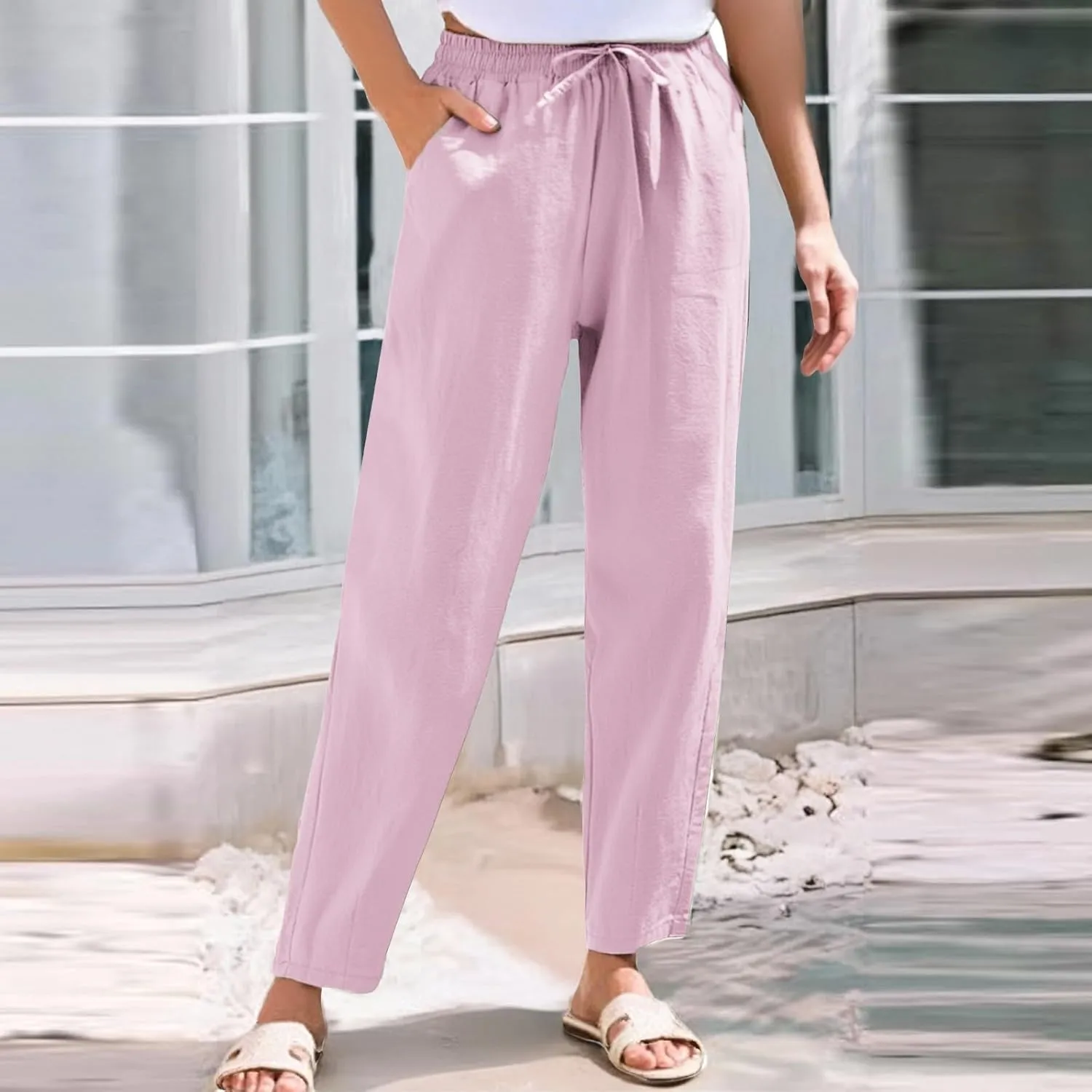 Linen Pants Women Wide Leg Palazzo Pants Lounge Pants with Pockets High Elastic Waisted Drawstring