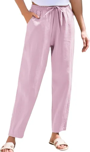 Linen Pants Women Wide Leg Palazzo Pants Lounge Pants with Pockets High Elastic Waisted Drawstring