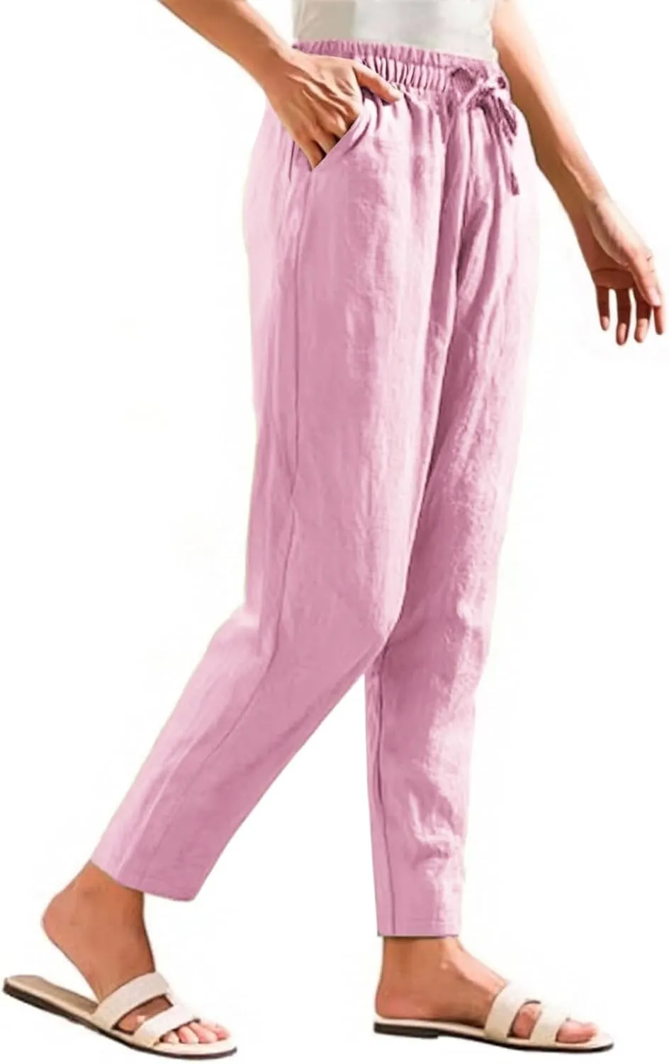 Linen Pants Women Wide Leg Palazzo Pants Lounge Pants with Pockets High Elastic Waisted Drawstring