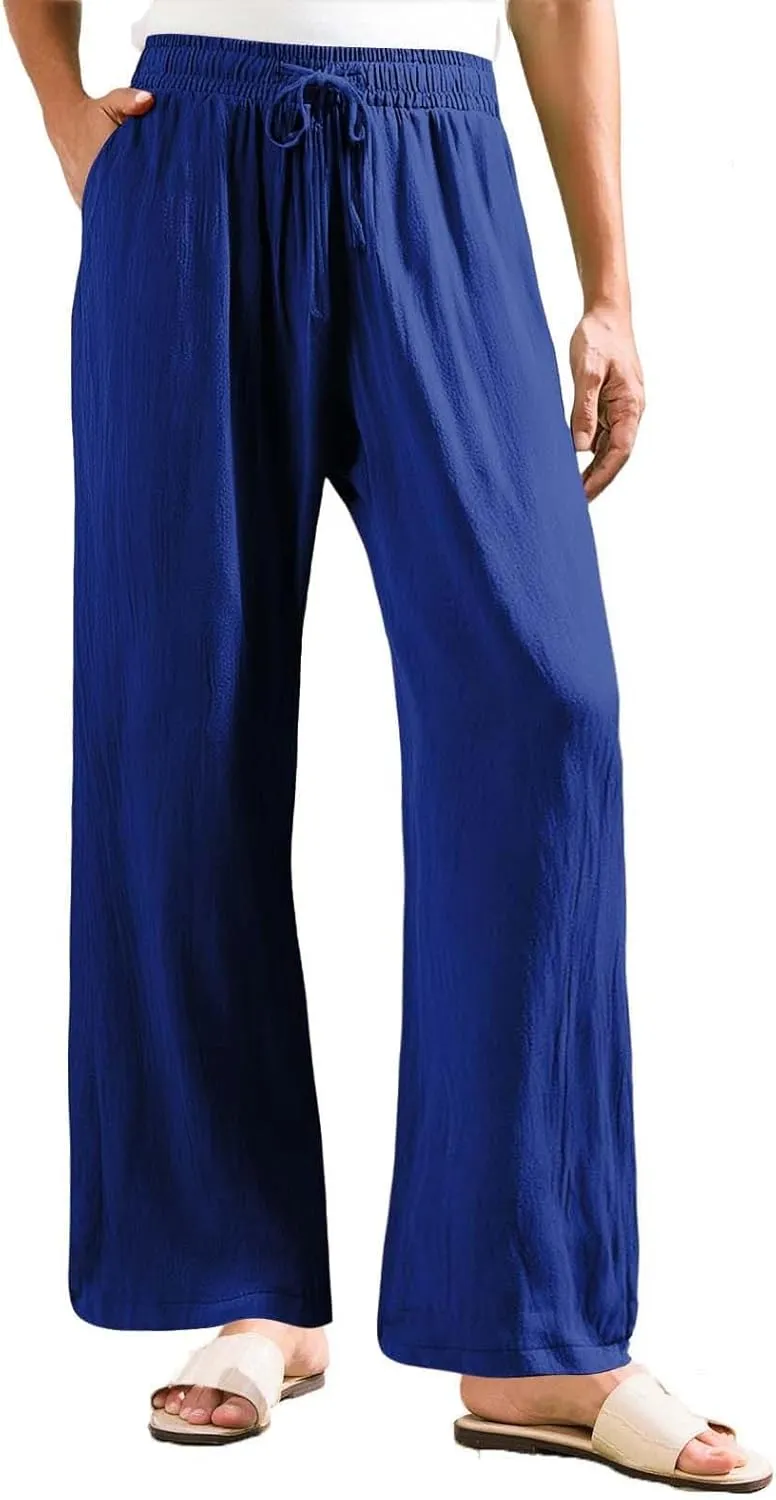 Linen Wide Leg Pants for Women Summer Casual High Waisted Palazzo Pants Boho Beach Vacation Trousers with Pockets