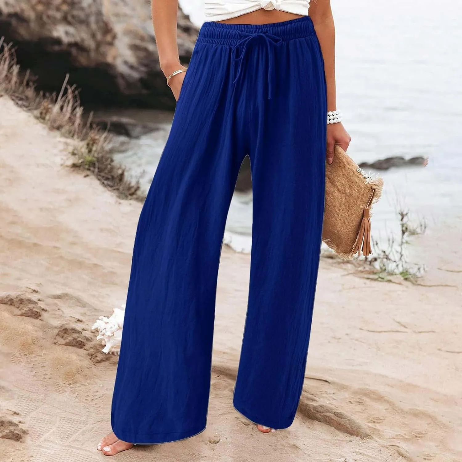 Linen Wide Leg Pants for Women Summer Casual High Waisted Palazzo Pants Boho Beach Vacation Trousers with Pockets