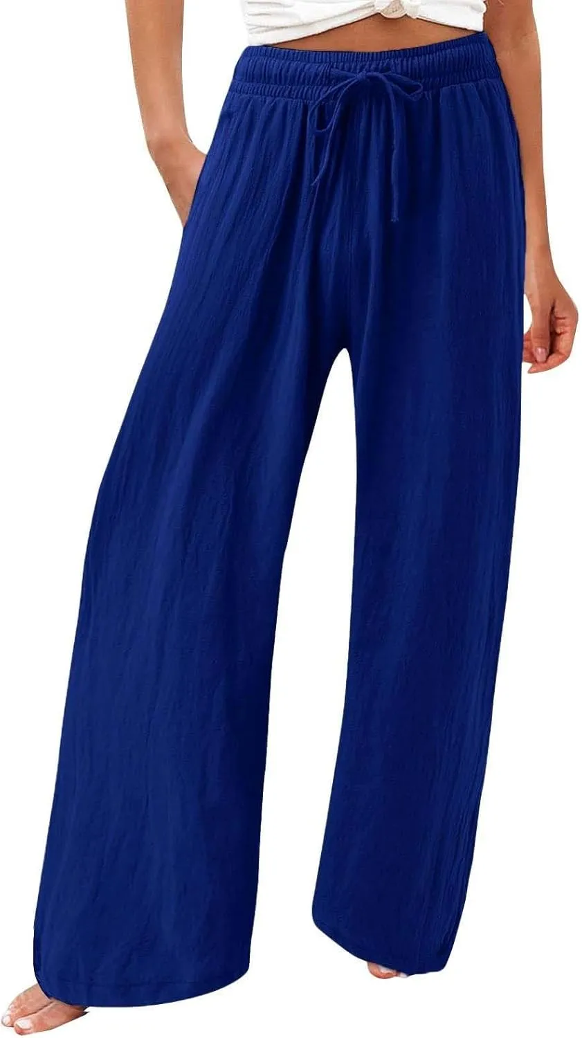 Linen Wide Leg Pants for Women Summer Casual High Waisted Palazzo Pants Boho Beach Vacation Trousers with Pockets