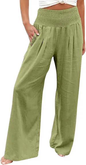 Linen Wide Leg Pants Women Summer Casual Drawstring Elastic High Waist Trousers Beach Trendy Palazzo Pant Knit Pants