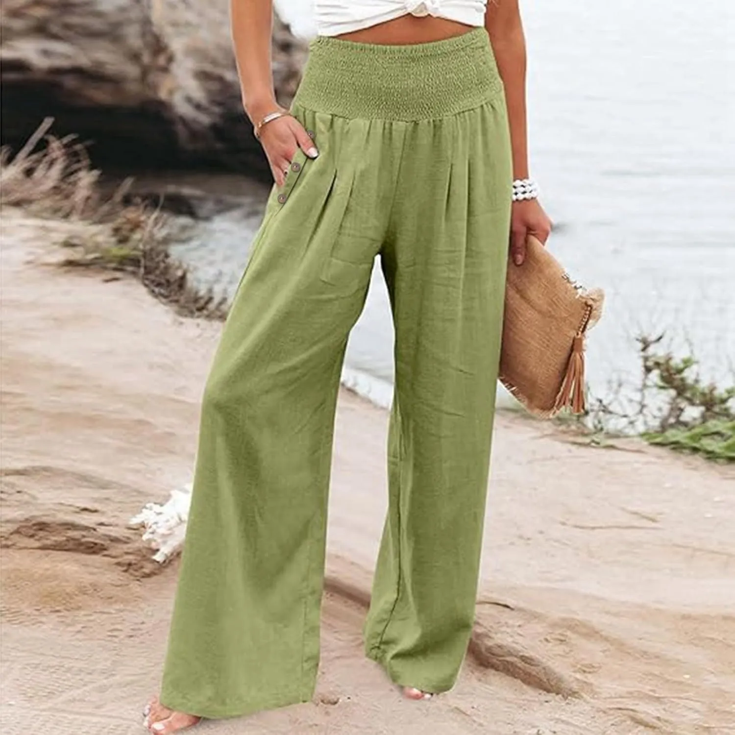 Linen Wide Leg Pants Women Summer Casual Drawstring Elastic High Waist Trousers Beach Trendy Palazzo Pant Knit Pants