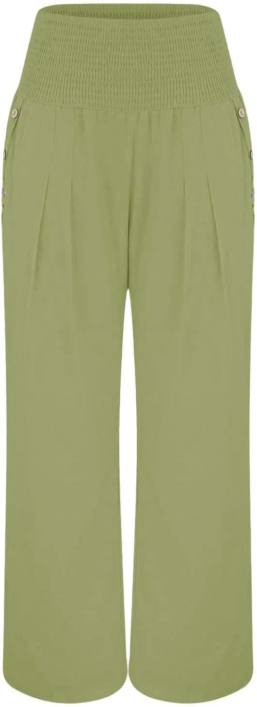 Linen Wide Leg Pants Women Summer Casual Drawstring Elastic High Waist Trousers Beach Trendy Palazzo Pant Knit Pants
