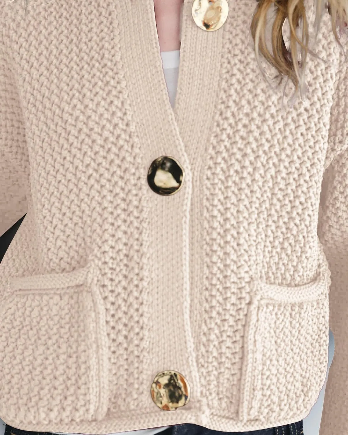 Locachy Women's Crochet Chunky Knit Sweater Cardigan Trendy Crewneck Gold Button Down Sweater