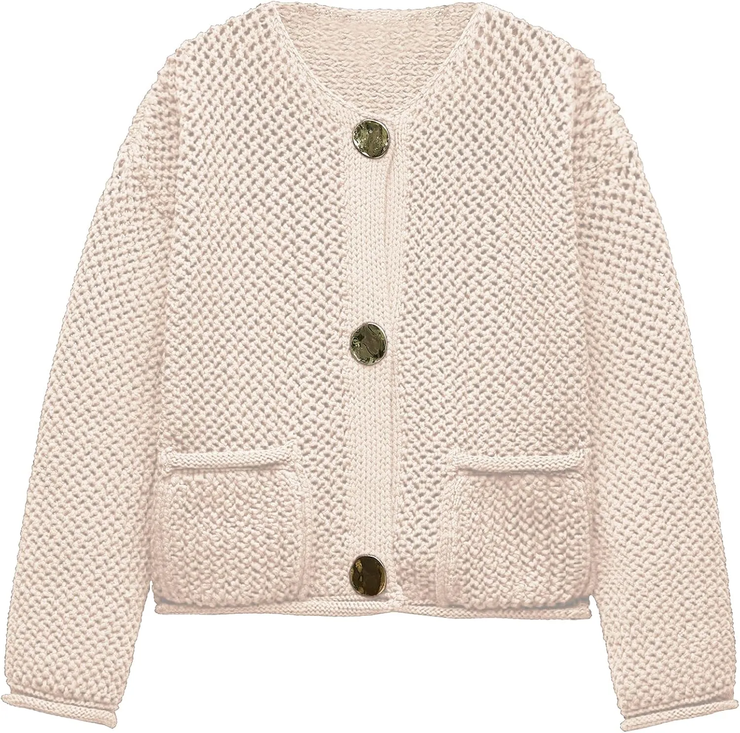 Locachy Women's Crochet Chunky Knit Sweater Cardigan Trendy Crewneck Gold Button Down Sweater