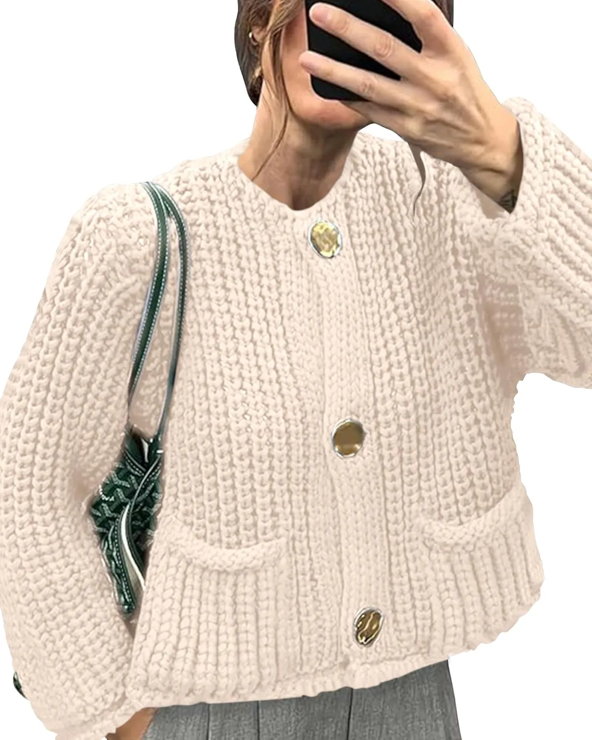 Locachy Women's Crochet Chunky Knit Sweater Cardigan Trendy Crewneck Gold Button Down Sweater