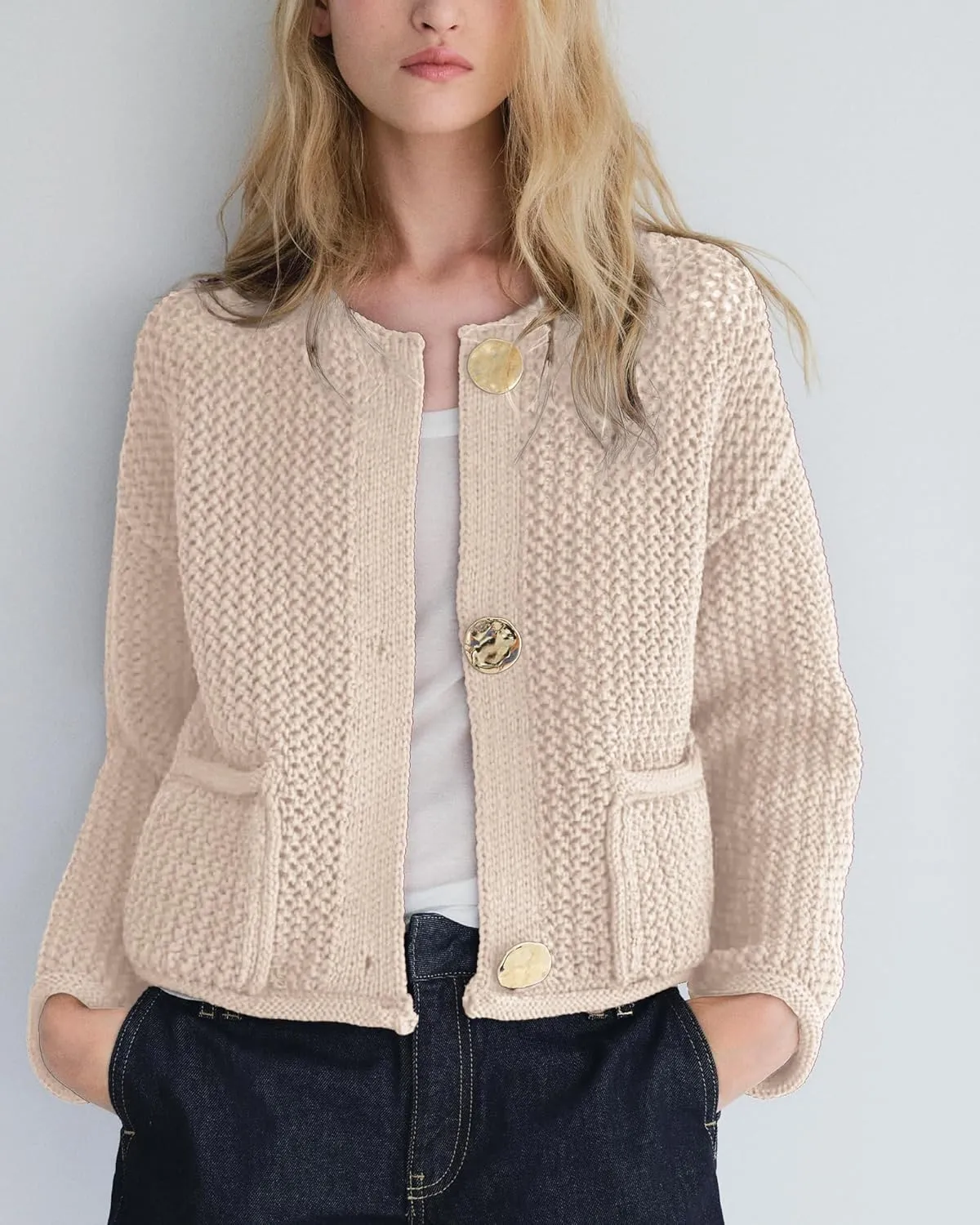 Locachy Women's Crochet Chunky Knit Sweater Cardigan Trendy Crewneck Gold Button Down Sweater