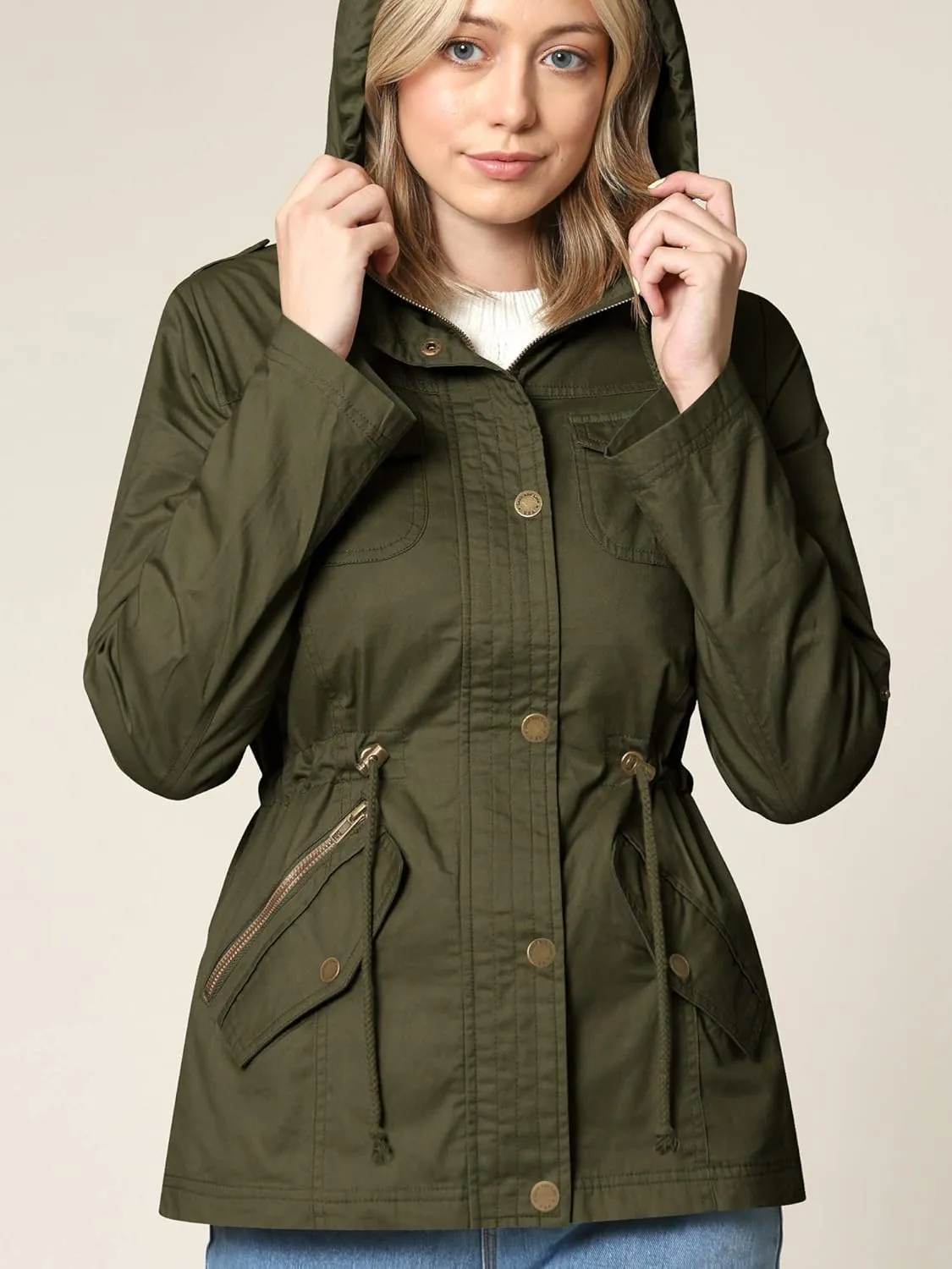 Lock and Love Women's Casual Military Anorak Jacket - Lightweight Detachable Hooded Safari Utility