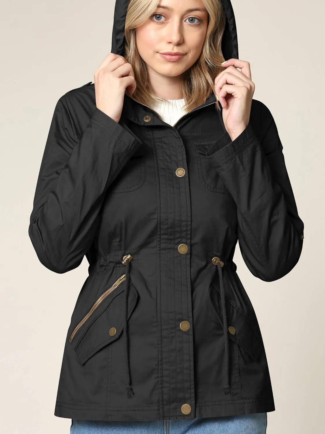 Lock and Love Women's Casual Military Anorak Jacket - Lightweight Detachable Hooded Safari Utility