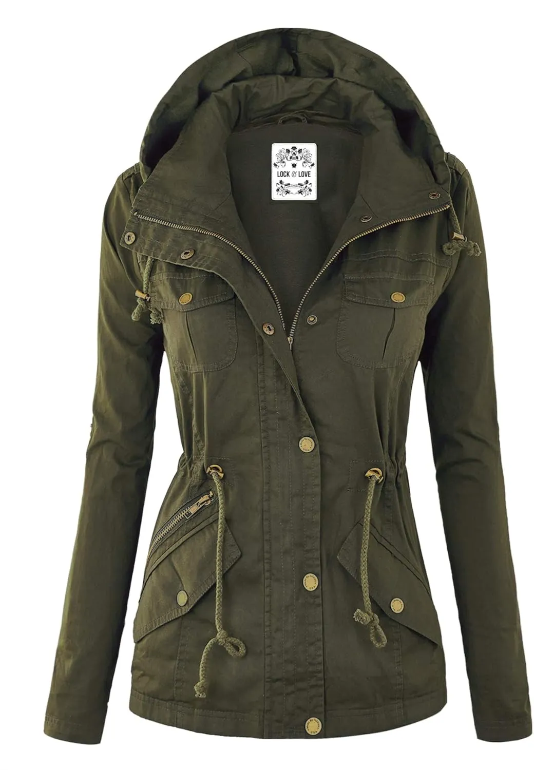 Lock and Love Women's Casual Military Anorak Jacket - Lightweight Detachable Hooded Safari Utility