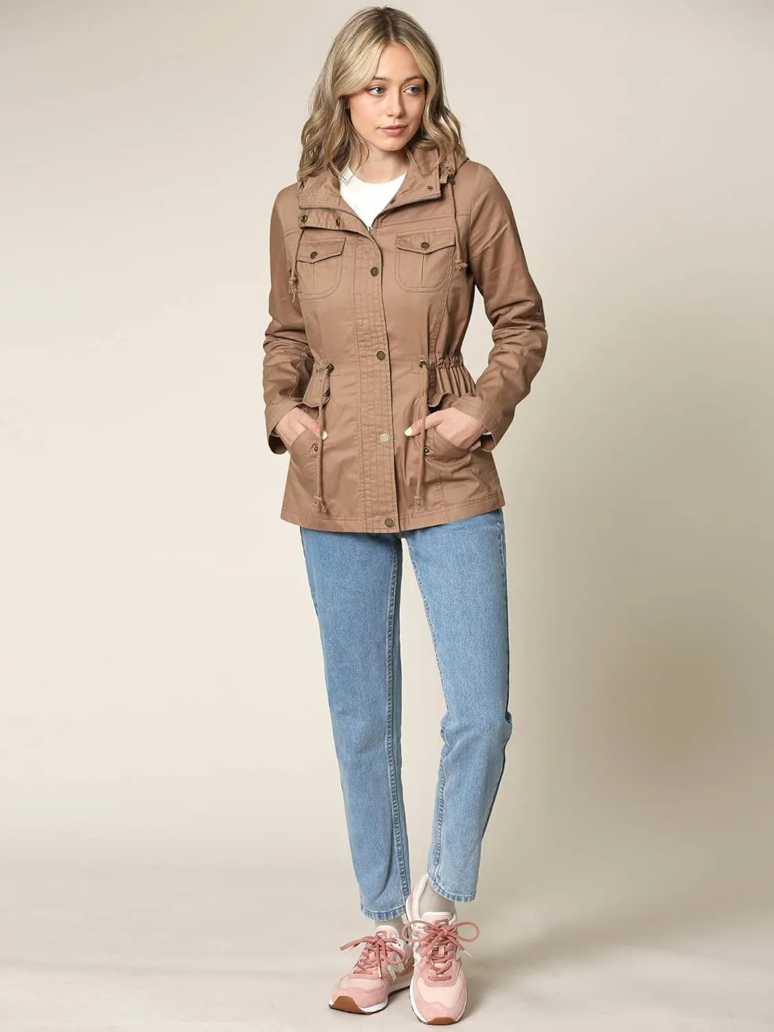 Lock and Love Women's Casual Military Anorak Jacket - Lightweight Detachable Hooded Safari Utility