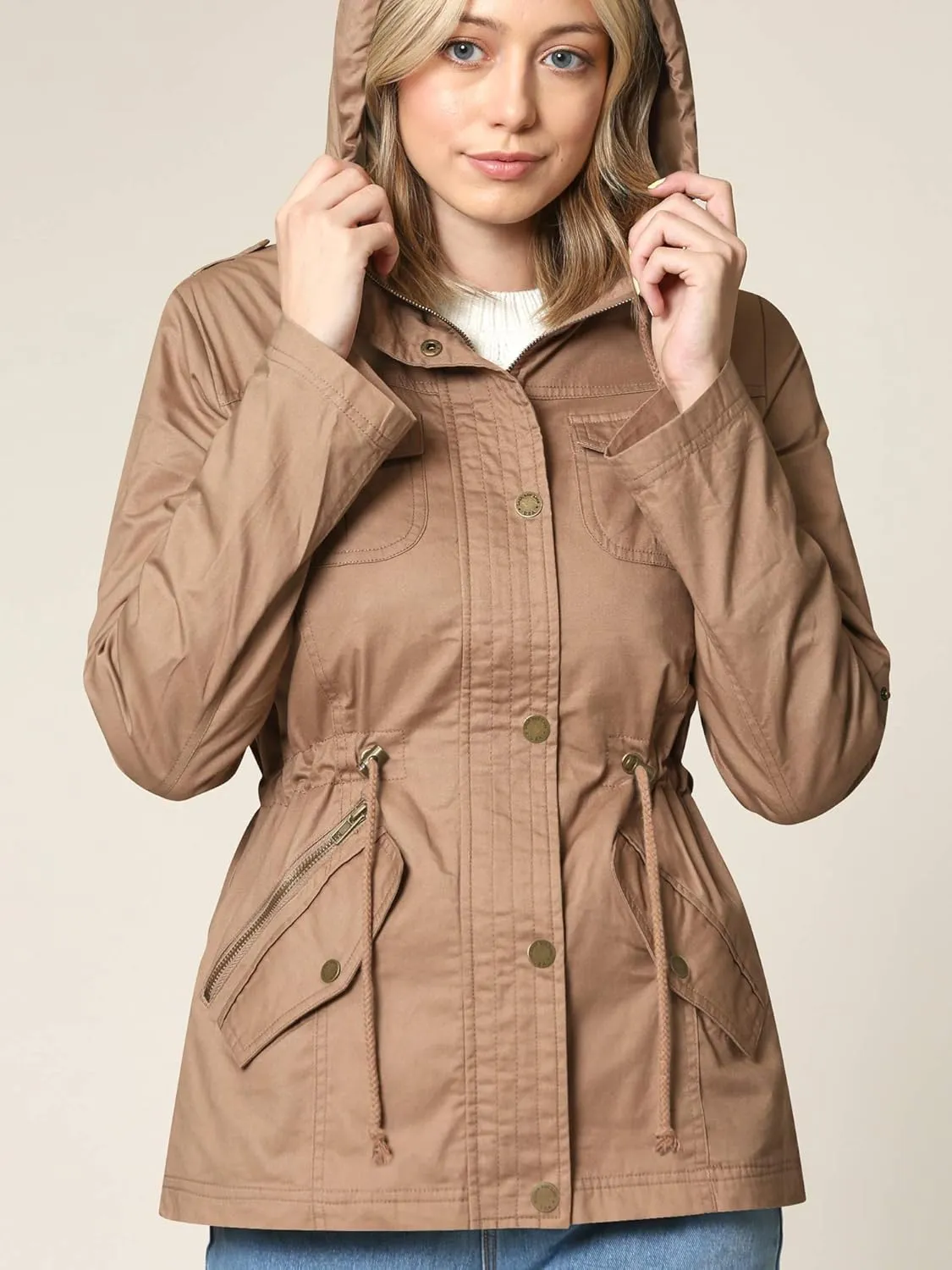 Lock and Love Women's Casual Military Anorak Jacket - Lightweight Detachable Hooded Safari Utility