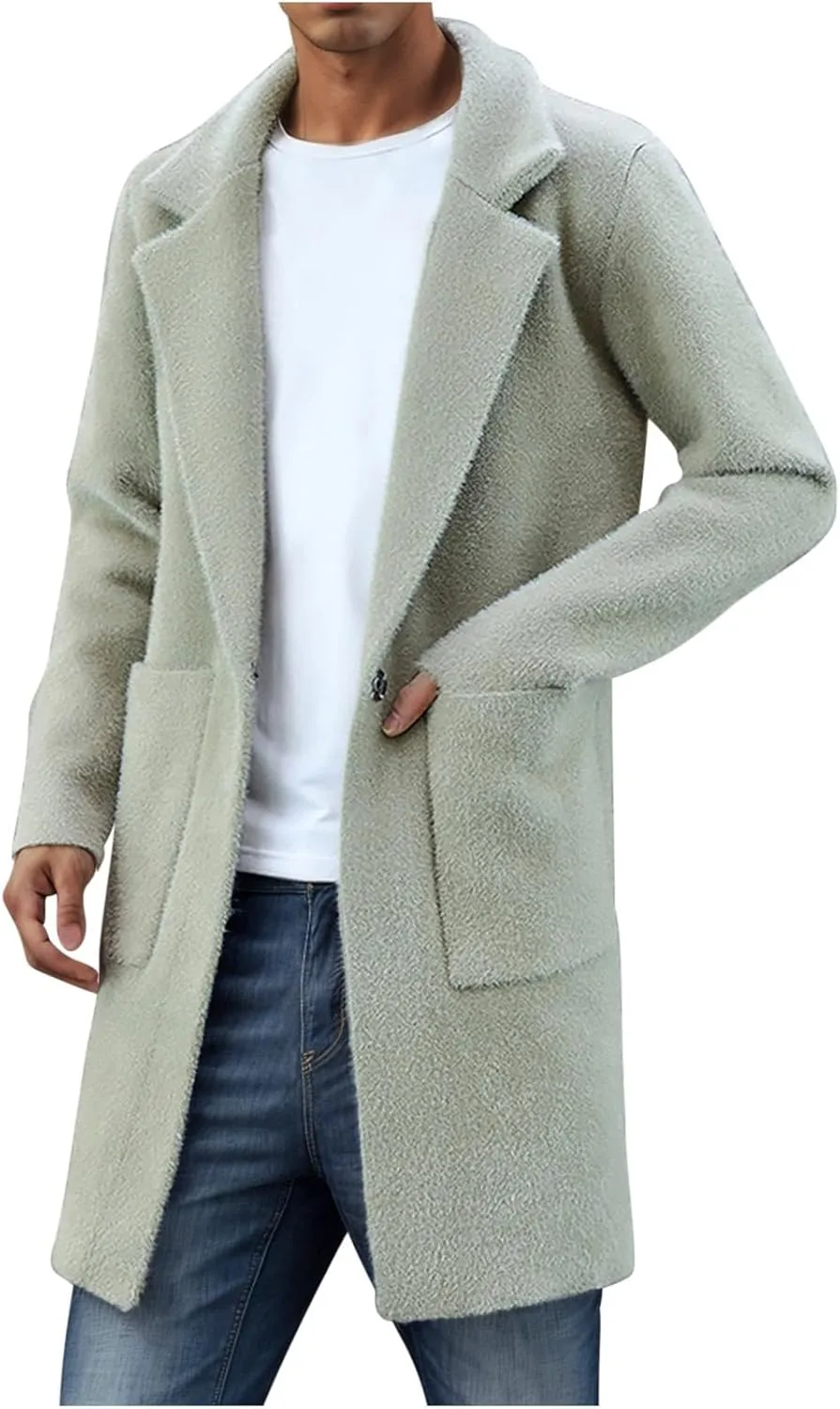 Long Cardigans for Men Fuzzy Cardigan Jacket Lapel Long Sleeve Cardigan Casual Trench Coat with Pockets