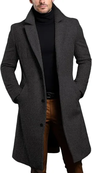 Long Trench Coat Men Fall Winter Single Breasted Wool Blend Coats Overcoat Thermal Business Peacoat Jacket Warm Soft