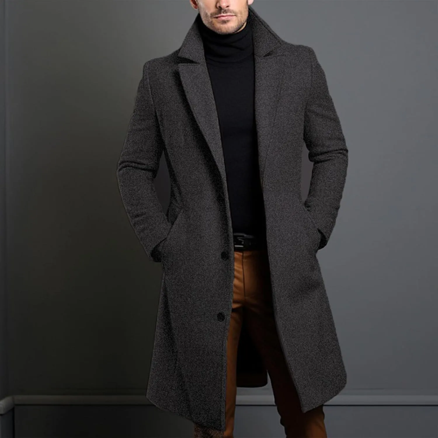 Long Trench Coat Men Fall Winter Single Breasted Wool Blend Coats Overcoat Thermal Business Peacoat Jacket Warm Soft