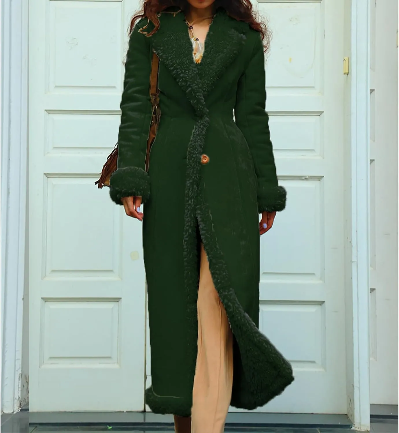 Long Winter Coats for Women Faux Suede Leather Shearing Jacket Fuzzy Sherpa Lined Trench Coat Business Casual Overcoat