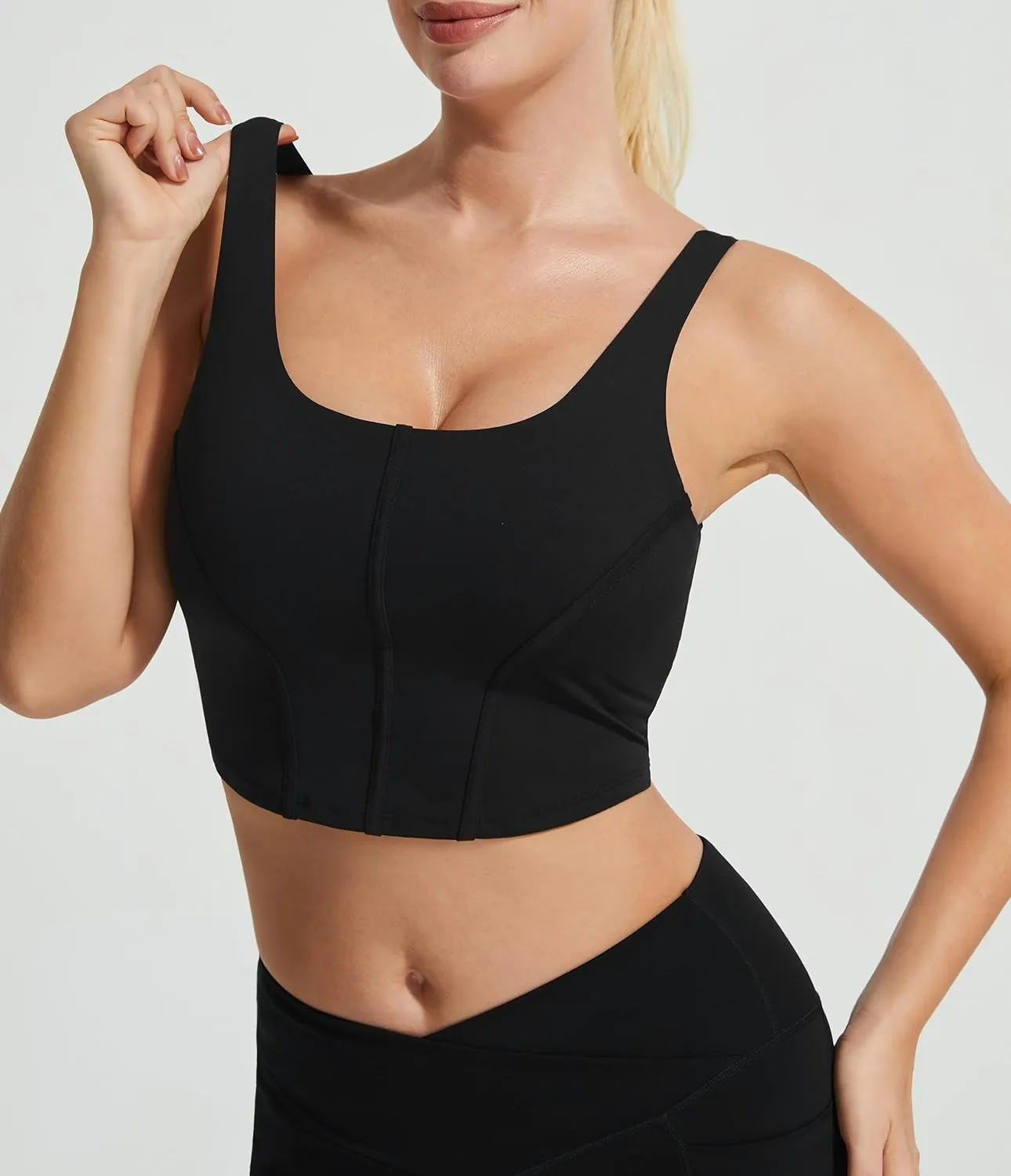 Longline Workout Tank Top with Built in Bra Adjustable Stretchy Yoga Top Light Impact