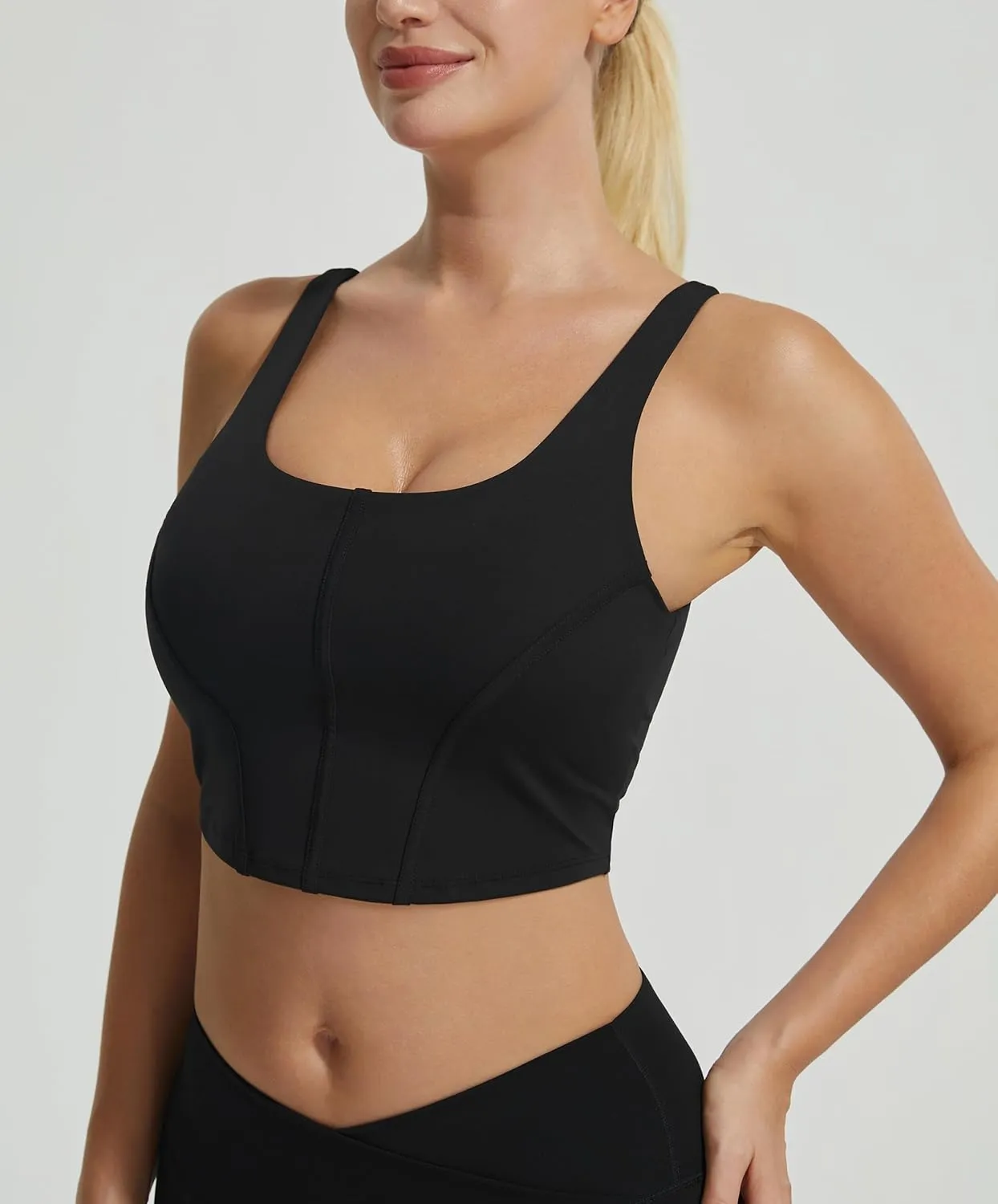 Longline Workout Tank Top with Built in Bra Adjustable Stretchy Yoga Top Light Impact