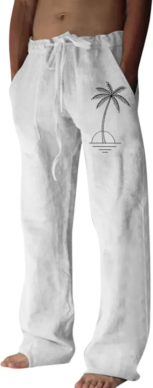 Loose Fit Elastic Waist Drawstring Summer Beach Pants Coconut Tree Print Pants Sweatpants with Pockets for Boys