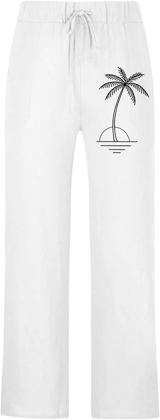 Loose Fit Elastic Waist Drawstring Summer Beach Pants Coconut Tree Print Pants Sweatpants with Pockets for Boys