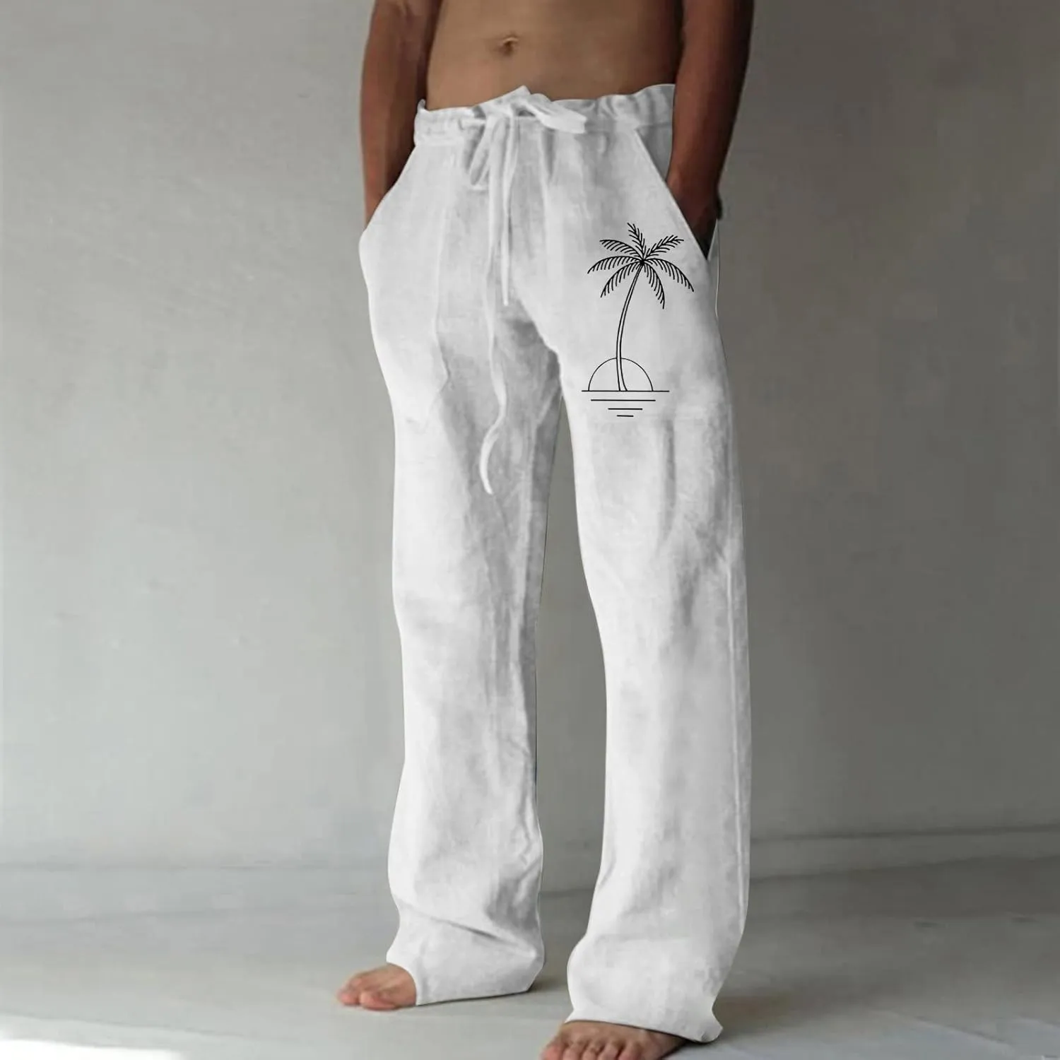 Loose Fit Elastic Waist Drawstring Summer Beach Pants Coconut Tree Print Pants Sweatpants with Pockets for Boys