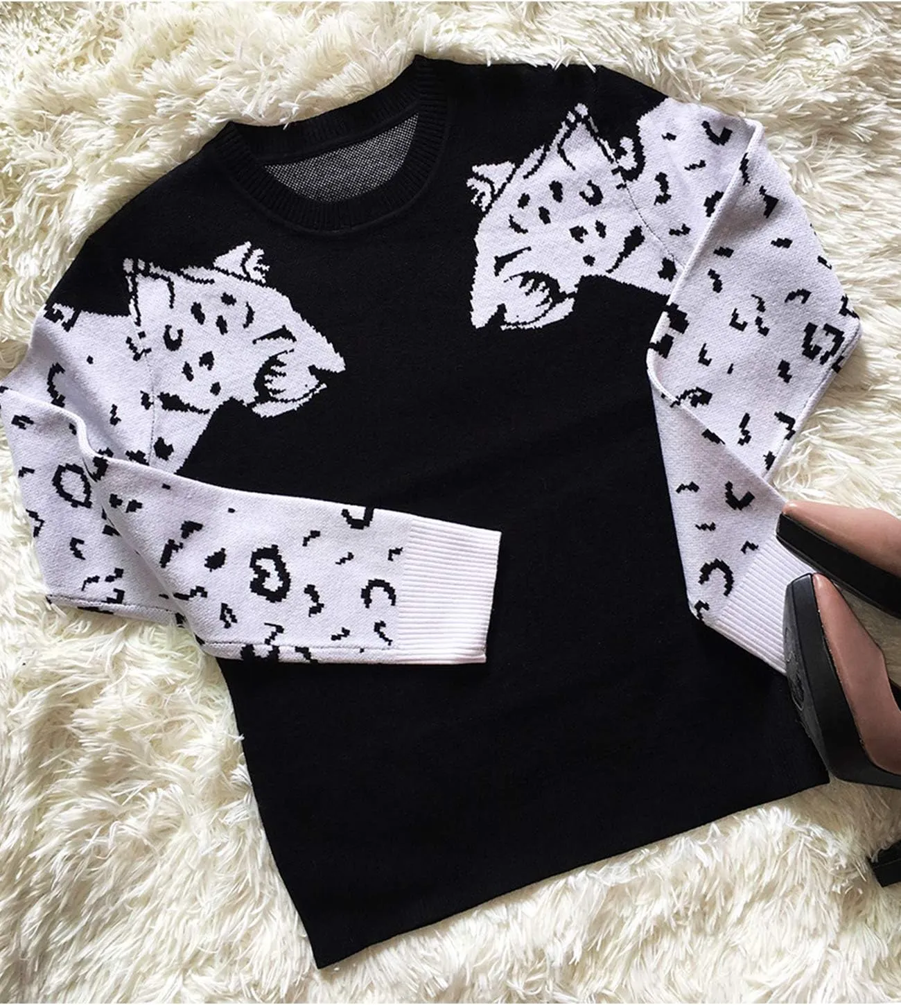 Mansy Women's Casual Long Sleeve Crew Neck Cute Animal Leopard Print Knitted Pullover Sweater Tops