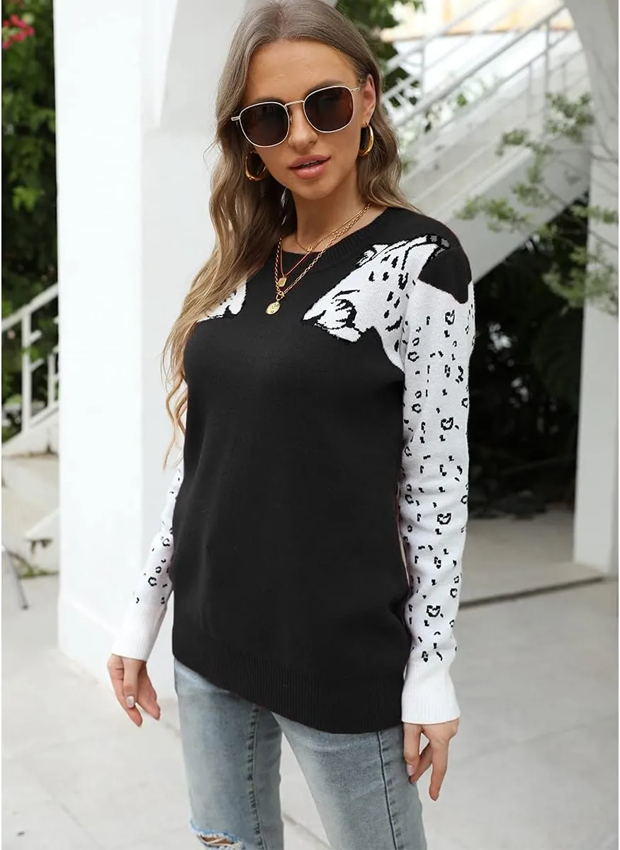Mansy Women's Casual Long Sleeve Crew Neck Cute Animal Leopard Print Knitted Pullover Sweater Tops