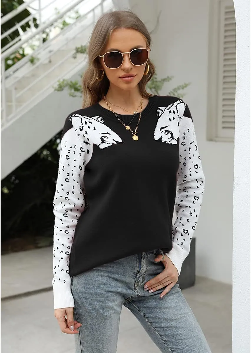 Mansy Women's Casual Long Sleeve Crew Neck Cute Animal Leopard Print Knitted Pullover Sweater Tops