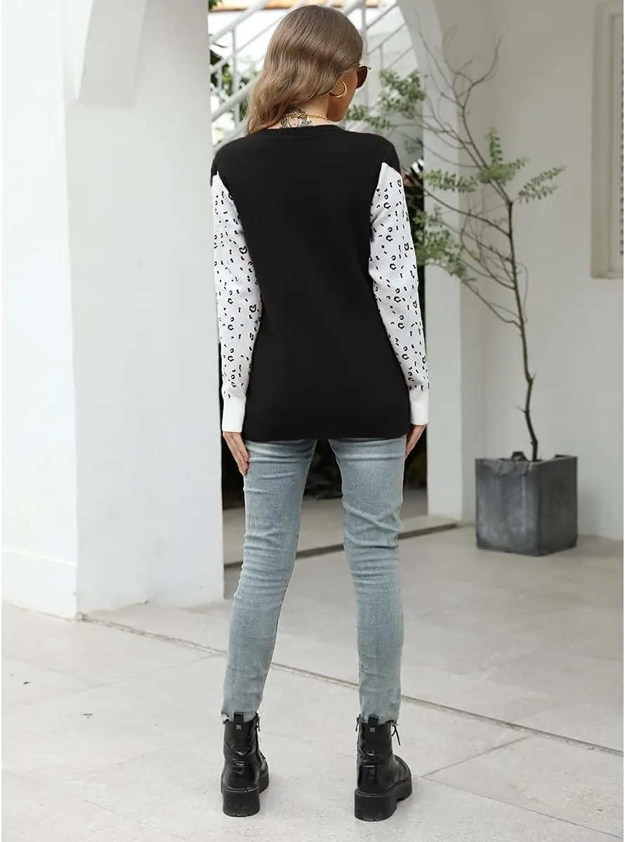 Mansy Women's Casual Long Sleeve Crew Neck Cute Animal Leopard Print Knitted Pullover Sweater Tops