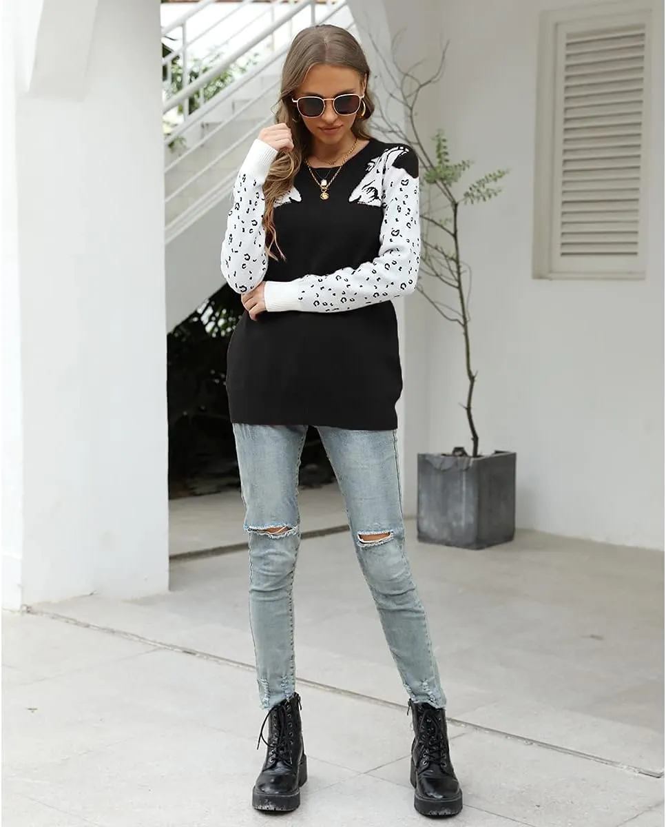 Mansy Women's Casual Long Sleeve Crew Neck Cute Animal Leopard Print Knitted Pullover Sweater Tops