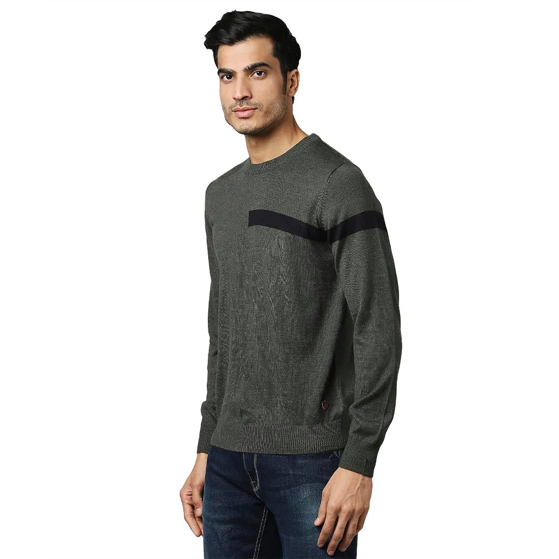 Men Green Stripe Acrylic Wool Blend Round Collar Sweaters