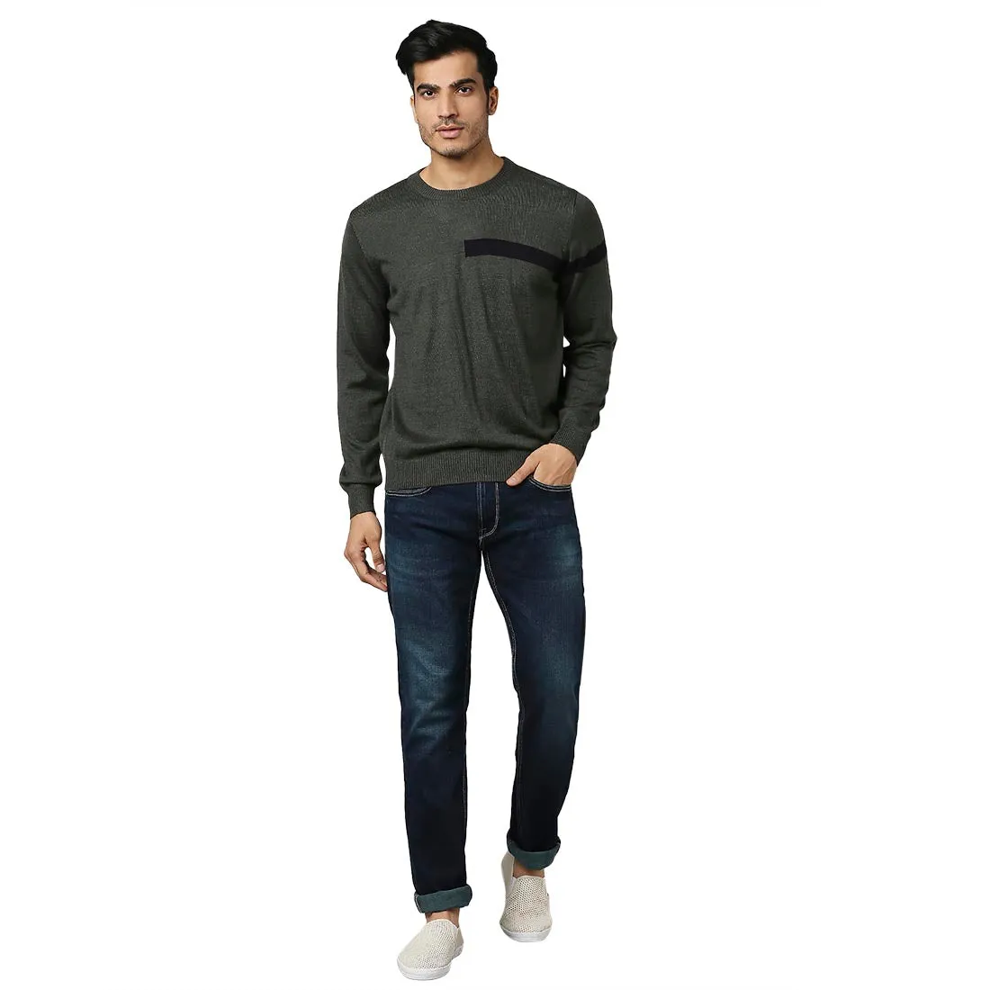 Men Green Stripe Acrylic Wool Blend Round Collar Sweaters
