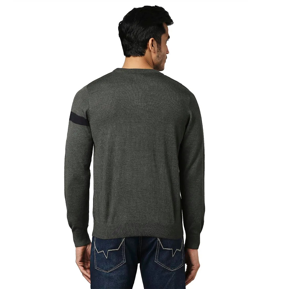 Men Green Stripe Acrylic Wool Blend Round Collar Sweaters