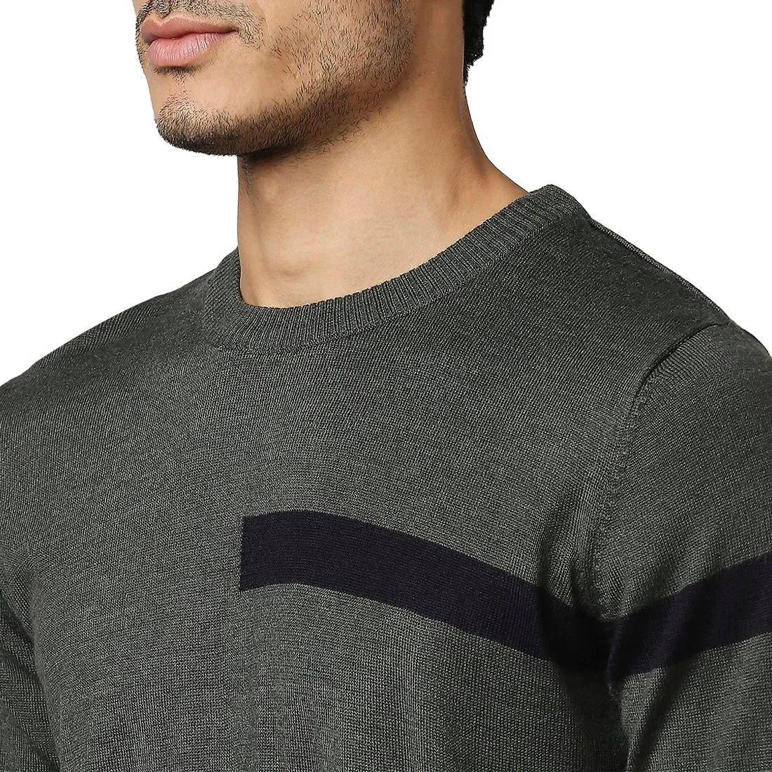 Men Green Stripe Acrylic Wool Blend Round Collar Sweaters