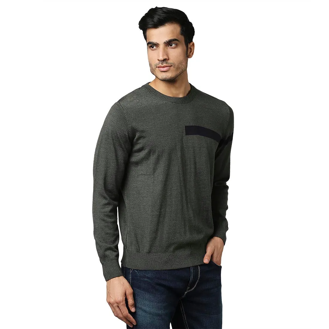 Men Green Stripe Acrylic Wool Blend Round Collar Sweaters