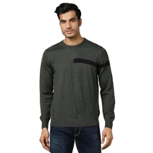 Men Green Stripe Acrylic Wool Blend Round Collar Sweaters
