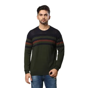 Men Green Structure Acrylic Wool Blend Round Collar Sweaters