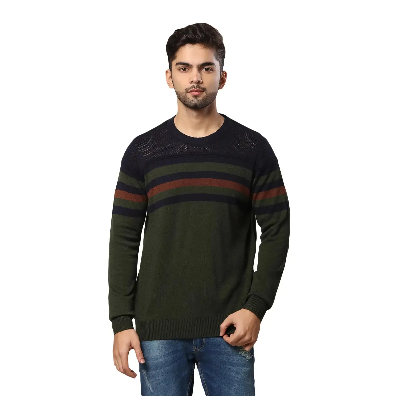 Men Green Structure Acrylic Wool Blend Round Collar Sweaters