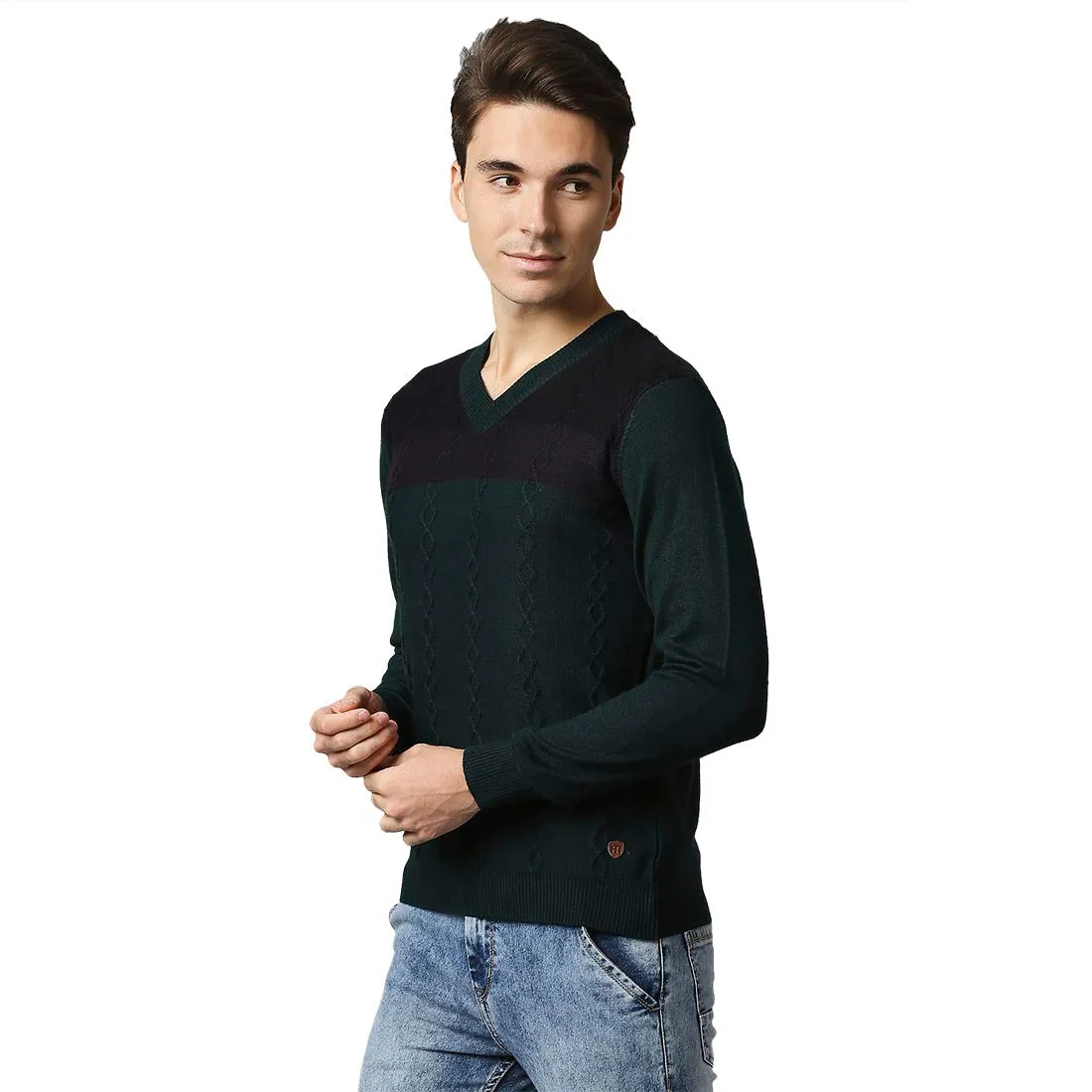 Men Green Structure Cable Acrylic Wool Blend Full Sleeve V Neck Collar Sweaters