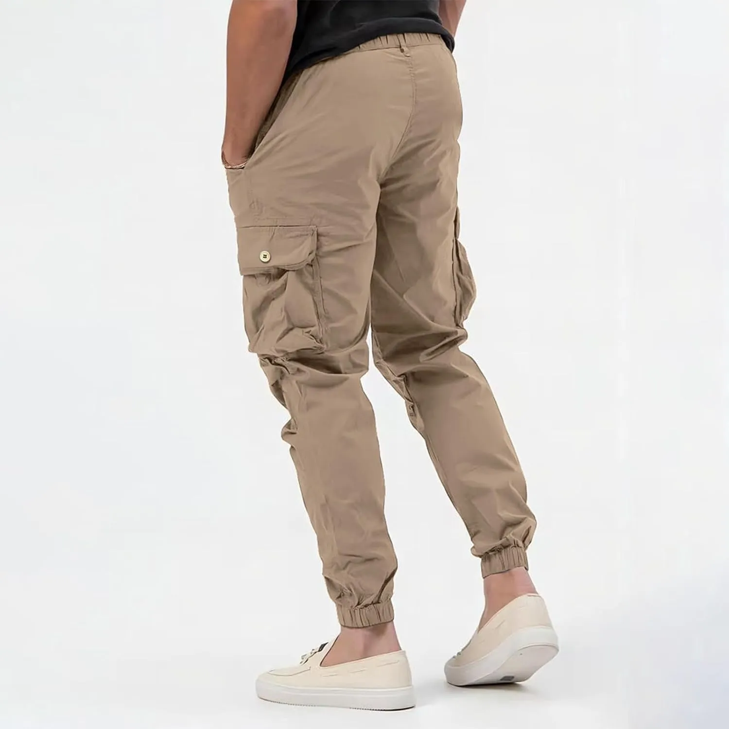 Men's Cargo Pants Cotton Casual Hiking Joggers Slim Fit Stretch Lightweight Work Trousers with Pocket Drawstring Waist