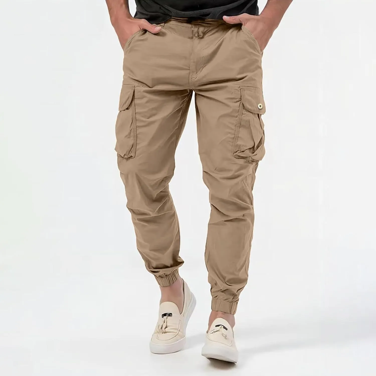 Men's Cargo Pants Cotton Casual Hiking Joggers Slim Fit Stretch Lightweight Work Trousers with Pocket Drawstring Waist