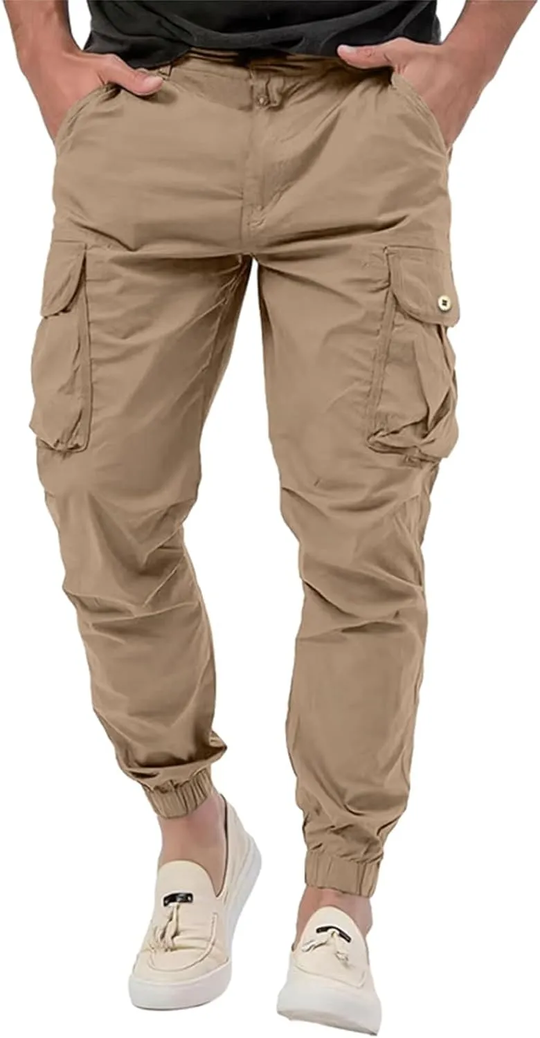 Men's Cargo Pants Cotton Casual Hiking Joggers Slim Fit Stretch Lightweight Work Trousers with Pocket Drawstring Waist