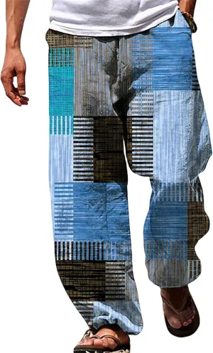 Men's Casual Linen Pants Tall Printed Drawstring Elastic Waist Straight Leg Trouser Summer Beach Yoga Baggy Pants
