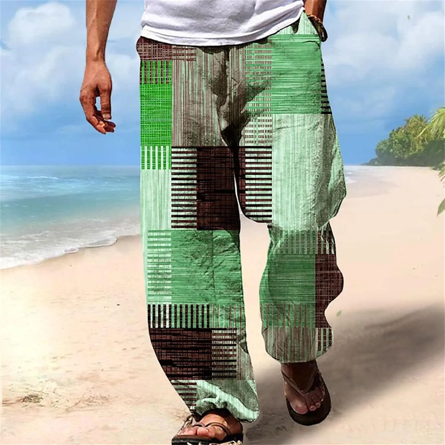Men's Casual Linen Pants Tall Printed Drawstring Elastic Waist Straight Leg Trouser Summer Beach Yoga Baggy Pants